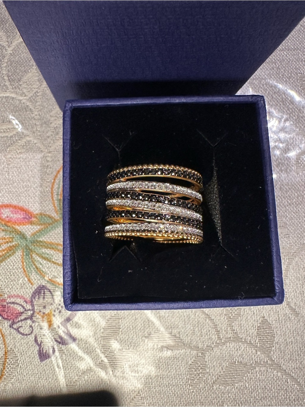 Swarovski Rose Gold Multi-Row Black and Clear Crystal Ring - 5312045 -Sz 8 - NIB